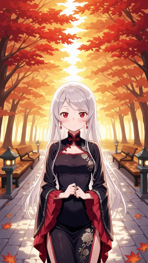 BREAK (masterpiece:1.2),Peaceful Japanese park during autumn after rainfall, vibrant red and golden maple leaves scattered across glistening stone paths, wet wooden benches under glowing foliage, stone lanterns reflecting in puddles, warm light shining thr...