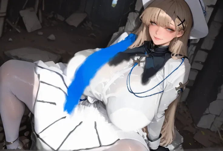 1girl,phoebe \(wuthering waves\),solo,medium breasts,white headwear,white dress,black gloves,long sleeves,x hair ornament,white pantyhose, mamimi, beautiful faces, huge Breasts, wide hips, huge ass, thick legs, thick arms, look at the viewer, fully clothed...