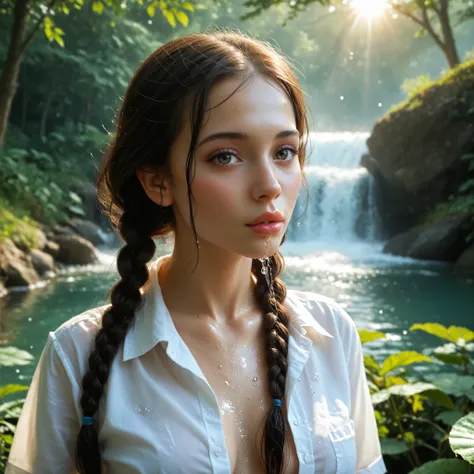 deep ebony 1girl, beautiful face, freely hanging braids, white unbuttoned shirt, thin fabric, wet, detailed portrait, photorealistic, realistic skin and hair, HDR, UHD, extremely fine details, vivid colors, seamless blend, natural lighting, lush environmen...