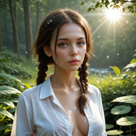 deep ebony 1girl, beautiful face, freely hanging braids, white unbuttoned shirt, thin fabric, wet, detailed portrait, photorealistic, realistic skin and hair, HDR, UHD, extremely fine details, vivid colors, seamless blend, natural lighting, lush environmen...