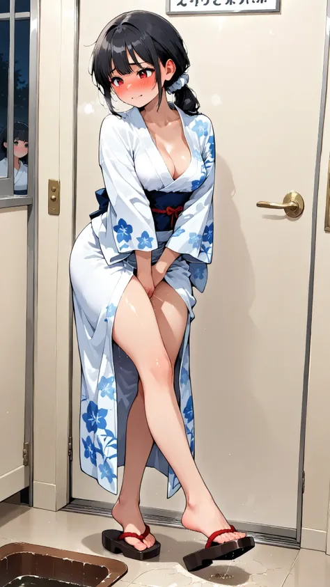 score_9, score_8_up, score_7_up, score_6_up, score_5_up, score_4_up, (extremely detailed and high-quality illustration), (best lighting effects, ultra-realistic), BREAK, two girls, (waiting in line for public bathroom), outside of public bathroom door, bea...