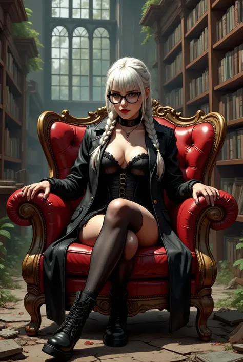 Picture of an adorable 18-year-old girl in a large, abandoned library, filled with dusty old books scattered on the floor, decaying and neglected, with leaks and vegetation growing on the shelves. abandoned library pot apocalyptic. platinum blonde hair, ve...