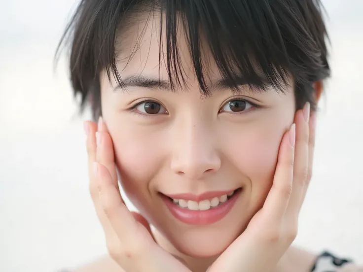 (Refined from an old photo, recreated in a modern, ultra high-quality photorealistic style), 
Ultra photorealistic close-up portrait of a beautiful Japanese woman, 
upper-body shot, wearing a black outfit (completely out of frame, not visible), 
shoulders ...