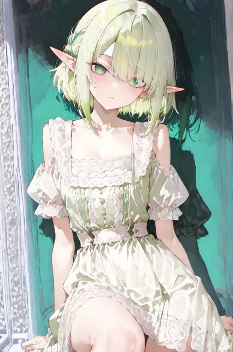 ((Best quality, 8k, Masterpiece: 1.3)), Sharp focus A beautiful woman with perfect body, Highly detailed face and skin texture, Detailed eyes, 18 years old. Yandere girl. Elf. Pointy ears. Lime green hair. Layered hairstyle. Cream-colored dress. The dress ...