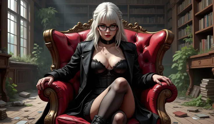 Picture of an adorable 18-year-old girl in a large, abandoned library, filled with dusty old books scattered on the floor, decaying and neglected, with leaks and vegetation growing on the shelves. abandoned library pot apocalyptic. platinum blonde hair, ve...