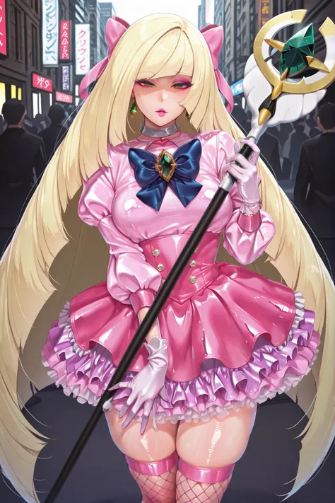 piza_girl_style,best quality, masterpiece, shiny skin, realistic, 1girl, lusamine (pokemon), makeup, eyeshadow, half-closed eyes, empty eyes, shiny skin, shiny clothes, solo, very long hair ,blonde hair ,green eyes, lipstick, looking at viewer, standing, o...