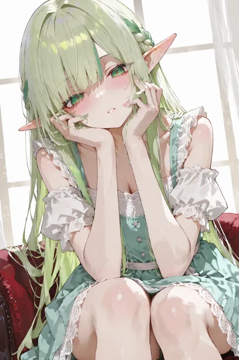 ((Best quality, 8k, Masterpiece: 1.3)), Sharp focus A beautiful woman with perfect body, Highly detailed face and skin texture, Detailed eyes, 18 years old. Yandere girl. Elf. Pointy ears. Lime green hair. Layered hairstyle. Cream-colored dress. The dress ...