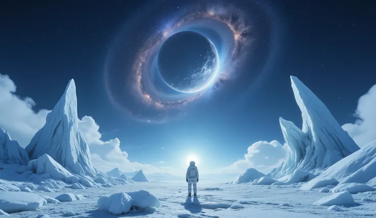 An astronaut stands on the frozen surface of an exoplanet, gazing up at a shattered moon suspended in the sky. Jagged ice formations surround the figure, illuminated by the pale light of a distant blue sun. Above, a swirling galaxy dominates the sky, casti...