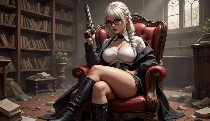 Picture of an adorable 18-year-old girl in a large, abandoned library, filled with dusty old books scattered on the floor, decaying and neglected, with leaks and vegetation growing on the shelves. abandoned library pot apocalyptic. platinum blonde hair, ve...