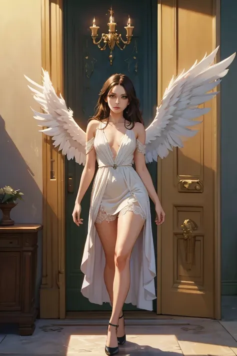 angels wearing elegant dress and stockings, realistic, detailed facial features, expressive pose, holy light, elegant drapery, angelic wings, realistic skin texture, high resolution, photorealistic, cinematic lighting, dramatic shadows, fantasy art, digita...
