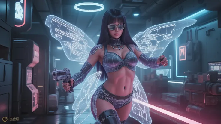 (blueprint style buildings, medium size flying 1drone). (((high angle view, overhead shot))). Translucent Chinese girl with mechanical wings in mid-ground, ((half-body thigh level medium:1.8 shot)), long hair, open legs, (((transparent:0.1 short:0.1 shift ...