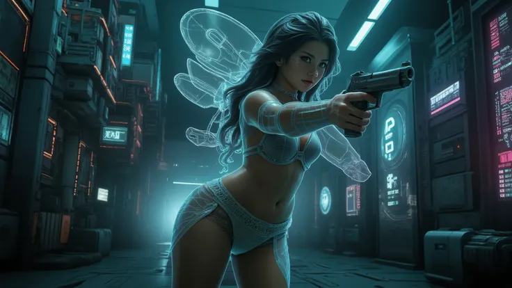 (blueprint style buildings, medium size flying 1drone). (((high angle view, overhead shot))). Translucent Chinese girl with mechanical wings in mid-ground, ((half-body thigh level medium:1.8 shot)), long hair, open legs, (((transparent:0.1 short:0.1 shift ...