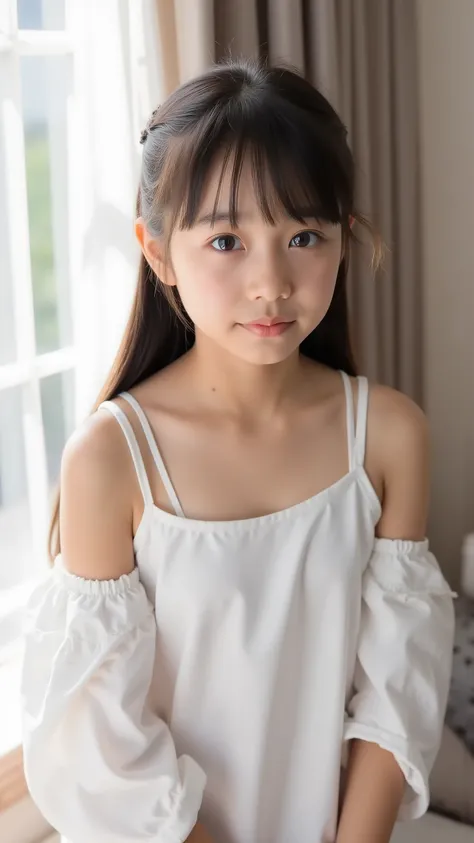 big eyes、smile ヤン、sounds fun、black hair long twin tail that is backlit and looks beautiful through、My Breasts Are Open Below My Stomach、I can see a button on my stomach、肌の露出がandても多い、World's cutest middle school student、 crosses her arms and arms above h...