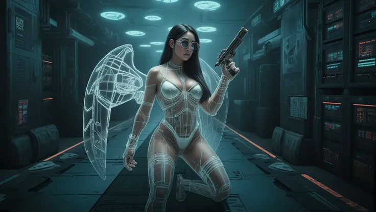 (blueprint style buildings, medium size flying 1drone). (((high angle view, overhead shot))). Translucent Chinese girl with mechanical wings in mid-ground, ((half-body thigh level medium:1.8 shot)), long hair, open legs, (((transparent:0.1 short:0.1 shift ...