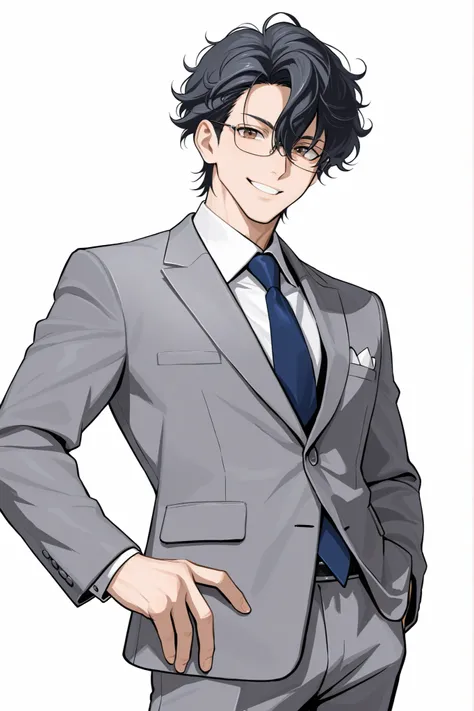 (masterpiece、Highest Quality、high resolution、white background)cowboy shot with arms raised、solo shot、30 years old、Adult Male、Smile Yan、blue eyes、dark haired、SHORT HAIR、Curly hair、glasses、Smile Yan、brown eyes、Grey suit、bangs between eyes,arms at hip