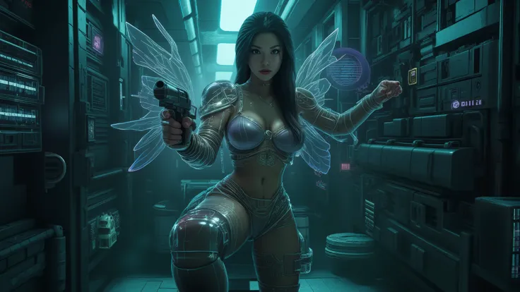 (blueprint style buildings, medium size flying 1drone). (((high angle view, overhead shot))). Translucent Chinese girl with mechanical wings in mid-ground, ((half-body thigh level medium:1.8 shot)), long hair, open legs, (((transparent:0.1 short:0.1 shift ...