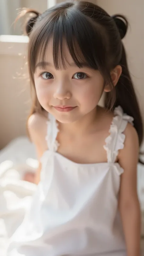 big eyes、smile ヤン、sounds fun、black hair long twin tail that is backlit and looks beautiful through、My Breasts Are Open Below My Stomach、I can see a button on my stomach、肌の露出がandても多い、World's cutest middle school student、 crosses her arms and arms above h...