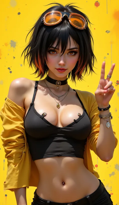 Промт: A confident young woman with short, messy black hair with vibrant orange tips. She has striking orange eyes and a playful smirk. She is wearing a ripped black tank top that reveals a part of her chest, a yellow jacket, and black bottoms. On her head...