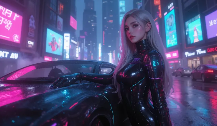 
(Masterpiece), (best quality), ultra-detailed, photorealistic, 8K resolution, cinematic daylight and neon atmosphere

A full-body hyperrealistic cyberpunk portrait of a stunning young gothic woman in a sleek black latex bodysuit, standing in a dramatic po...
