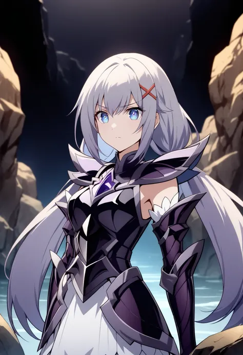 (high-quality, breathtaking),(expressive eyes, perfect face) Symmetrical Eyes, 1girl, female, solo, looking at viewer, black background, soft eerie blue lighting background, rock terrain background, Dark Purple Armor, trim, full plate armor, half body shot...