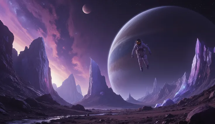 A lone cosmonaut floats weightlessly above the surface of a mysterious exoplanet, their reflective visor capturing the swirling colors of a nearby nebula. Towering crystalline structures rise from the ground below, glowing faintly in the darkness. Above, a...