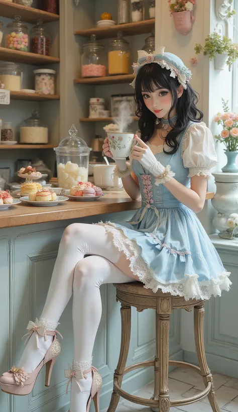 Subject: A beautiful dark-haired woman in a Sweet Lolita fashion coord. She is sitting elegantly on a high bar stool at a patisserie counter, with her legs gracefully crossed. Her pose is relaxed yet refined: she is leaning back slightly, holding a large m...