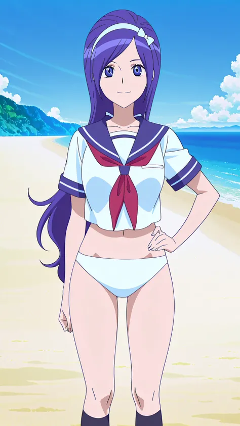 straight-on,general,highres, ultra-detailed,very aesthetic,best quality ,best hands,best eyes, anime cloring, anime screencap,1girl solo,looking at viewer, smile, happy, opne mouth,outdoors, sea, beach, blue sky, hand on hip, Miki,dark blue hair, long_hair...