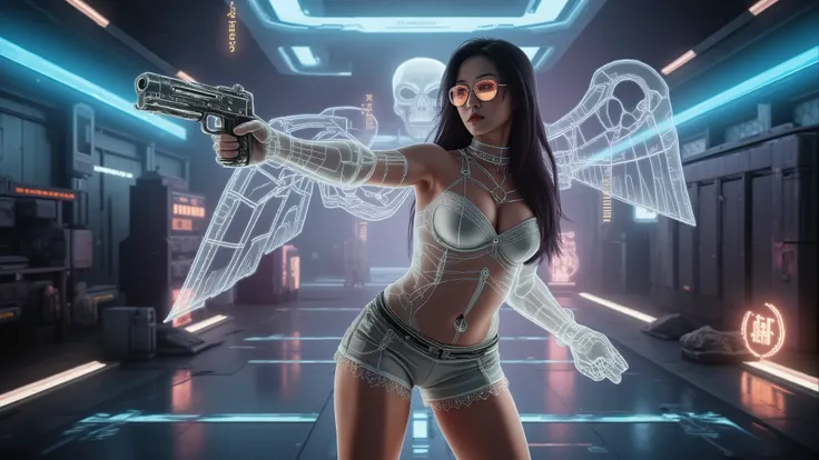 (blueprint style buildings, medium size flying 1drone). (((high angle view, overhead shot))). Translucent Chinese girl with mechanical wings in mid-ground, ((half-body thigh level medium:1.8 shot)), long hair, open legs, (((transparent:0.1 short:0.1 shift ...