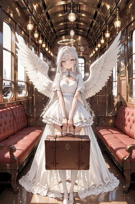 masterpiece, best quality, amazing quality, newest, very aesthetic, absurdres, (scenery:1.5), 8k, good anatomy, good shading, ultra detailed, refined details, high resolution, HD, masterwork, female angel, silver hair, teal eyes, elegant white wings, glowi...