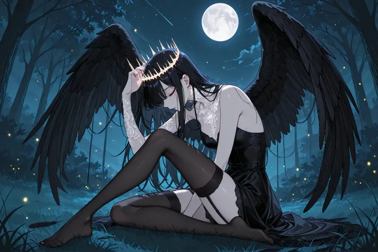 (masterpiece, best quality, ultra-detailed, Anime style, illustration, fantasy art) sight below, Outside:  half-sideways, One hand between legs, she has a leg put forward (Knee-bent), 1 dark hair(black) , Wings of a Fallen Angel(black with feathers) , hair...
