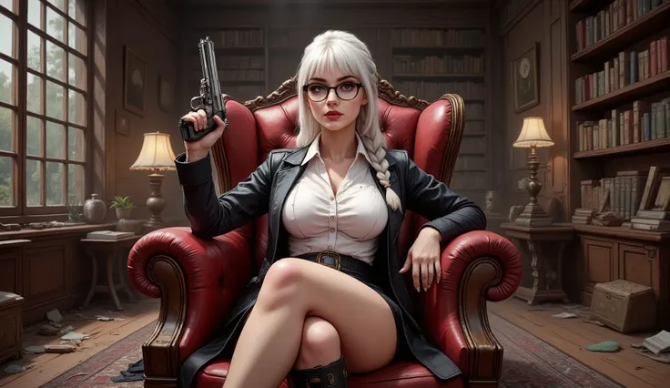 Picture of an adorable 18-year-old girl in a large, abandoned library, filled with dusty old books scattered on the floor, decaying and neglected, with leaks and vegetation growing on the shelves. abandoned library pot apocalyptic. platinum blonde hair, ve...