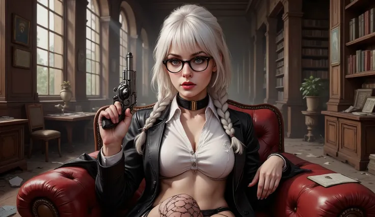 Picture of an adorable 18-year-old girl in a large, abandoned library, filled with dusty old books scattered on the floor, decaying and neglected, with leaks and vegetation growing on the shelves. abandoned library pot apocalyptic. platinum blonde hair, ve...