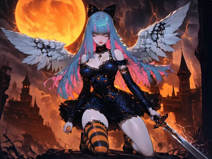  stocking anarchy \(psg\) a character holding a sword in a dramatic pose, surrounded by dark fantasy elements.   her white wings contrasting sharply against the neon-lit skyline. the image also shows a dark fantasy landscape with a large orange moon in the...
