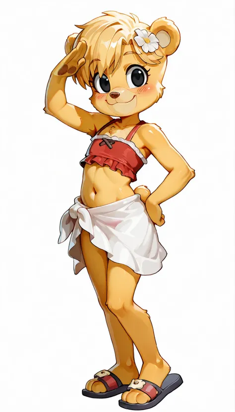 score_9, score_8_up, score_7_up, (masterpiece, best quality, very aesthetic, absurdres, source furry, shaded, 1girl, lolicon, bear, furry female, Sunni Gummi, young, black eyes, smile, blush, blonde hair, messy bangs, bear features, bear ears, bear tail, y...