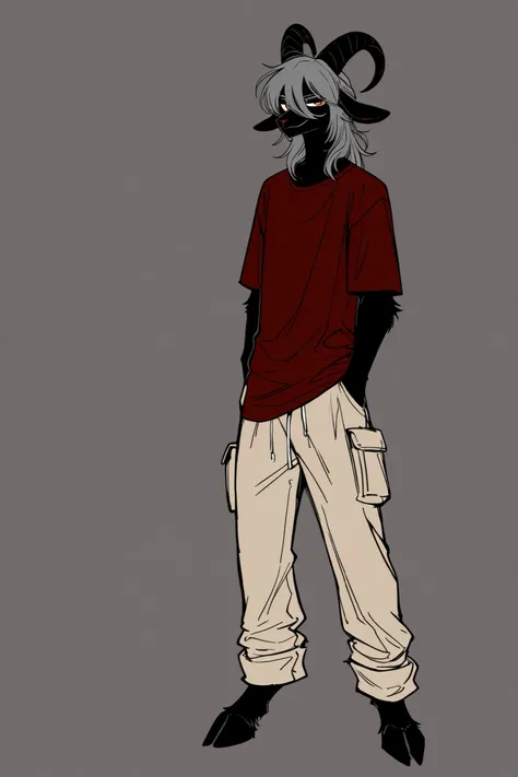 furry male goat boy, thin, tall, boy, black fur, wearing a dark red t-shirt and beige cargo pants, goat hooves, playfull look, long dark grey hair, slightly wavy, long bangs, straight black horns, orange eyes, long snout, smirk, solo full body art , office...