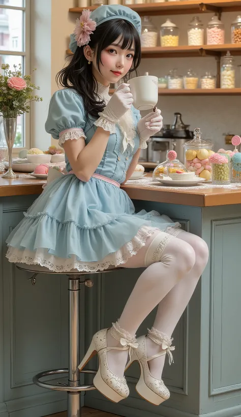 Subject: A beautiful dark-haired woman in a Sweet Lolita fashion coord. She is sitting elegantly on a high bar stool at a patisserie counter, with her legs gracefully crossed. Her pose is relaxed yet refined: she is leaning back slightly, holding a large m...