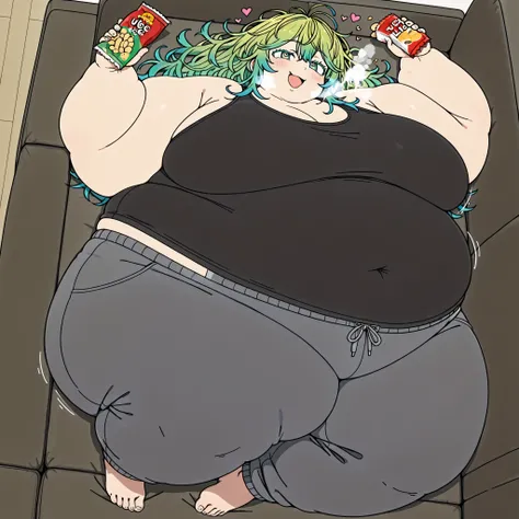 green hair,green eyes,multicolored hair,long hair,messy hair,hagakure tooru,, 1 girl, solo, motion line、 Anime Coloring、、Big 、mature female、 Masterpiece、 high quality、 high image quality、 pretty finger、 detailed face, tank top, black shirt, sweatpants, dar...