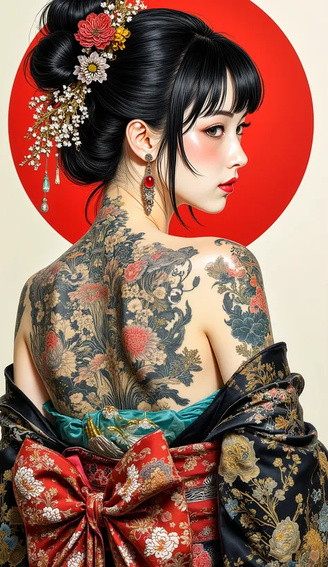 anime, artwork, Japanese woman with tattoo on her back, wearing kimono but showing her back, looking back, feminine gothic aesthetic, close details, detailed shot, clear details, artsy love blow style, silkscreen art, close photo, extra fine ink details, s...