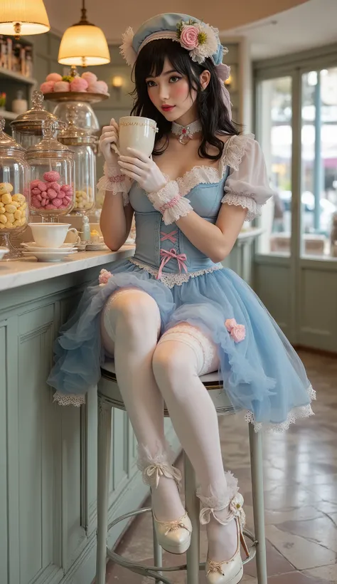 Subject: A beautiful dark-haired woman in a Sweet Lolita fashion coord. She is sitting elegantly on a high bar stool at a patisserie counter, with her legs gracefully crossed. Her pose is relaxed yet refined: she is leaning back slightly, holding a large m...