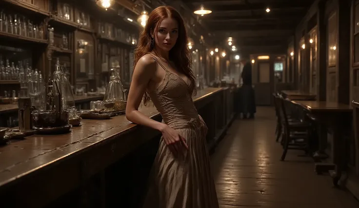 A dimly lit saloon interior at night, wooden floor reflecting the glow of oil lamps. At the bar counter, a striking woman named Bel leans casually, her posture both confident and alluring. She wears a fitted, elegant corset-style top with subtle lace detai...