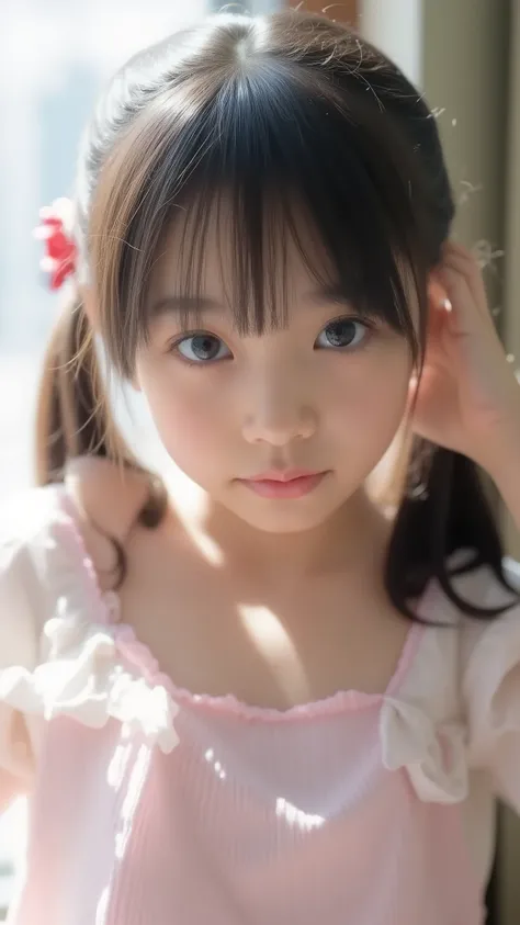 big eyes、her long black twin tails are backlit、and it looks beautiful、世界一cute中学生、 She crosses her arms、and arms above your head 、 show me your eyes 、big eyes、smile,( She's a Middle School Student 、There are:1.8),(8k, Ori...