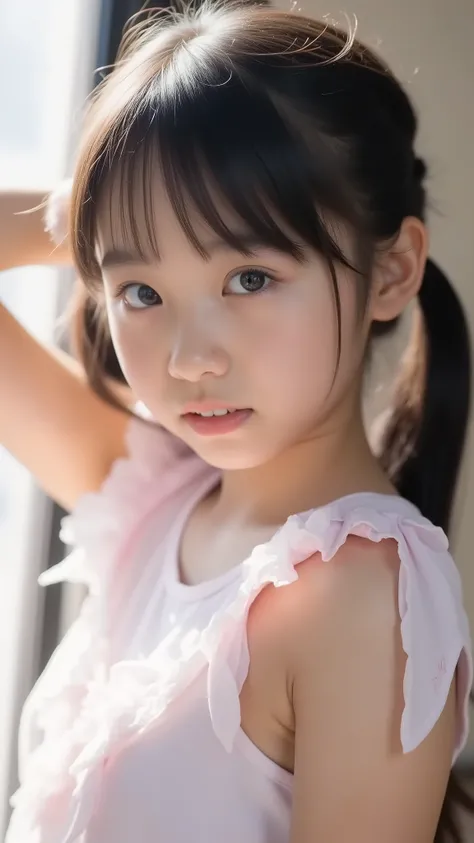 big eyes、her long black twin tails are backlit、and it looks beautiful、世界一cute中学生、 She crosses her arms、and arms above your head 、 show me your eyes 、big eyes、smile,( She's a Middle School Student 、There are:1.8),(8k, Ori...
