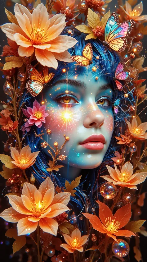 Abstract kinetic art from Vitreous enamel and Cameo Artistic Techniques, Filigree. Glitch. A beautiful face, autumn flowers, charm of autumn eyes, a web with a spider and butterflies, crystal iridescent raindrops.. Referense Orlan, Heidi Swapp, Barbara C...