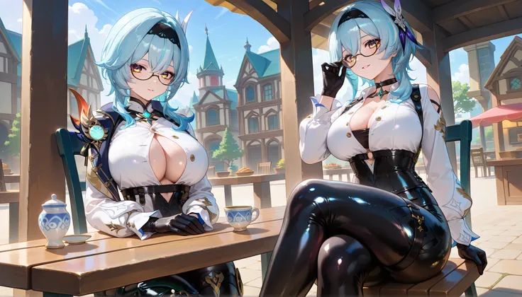 ((dark filter)), BREAK EulasDxL,a Woman, Alone, sitting on a metal chair , wooden table next to, holds a porcelain cup, (crossed legs), watching the spectator, seductive expression, eyeglasses, hair ornament, thighhighs, Gloves, Chest harness, long sleeve...