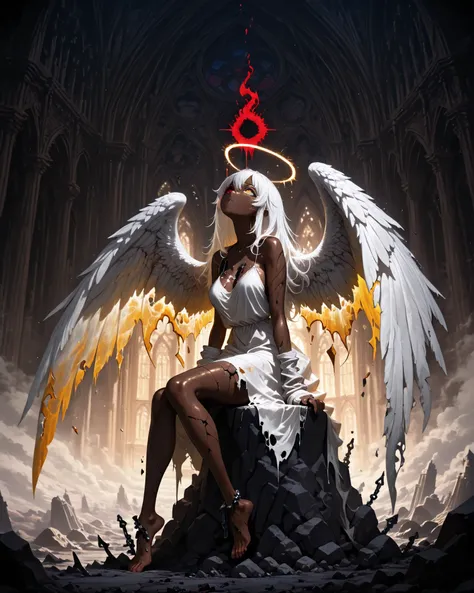 side front, (masterpiece, 4k, ultra detailed, vivid colors), {1woman}: (a beautiful and attractive woman with brown skin, long white hair, right yellow left red heterochromia eyes, angels' wings, wearing a light white silk dress, broken chains on her wrist...
