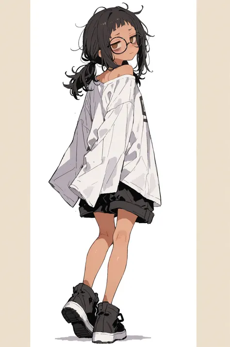 (low body proportions),1girl,Super Detailed,absolute resolution,(dynamic angles),(tanned skin:0.3),(portrait),(pinup),(from behind:1.3),,full body,,dashed eyes,looking back at viewer,
standing,arms behind back,
shirt,off-shoulder shirt,oversized shirt,wi...