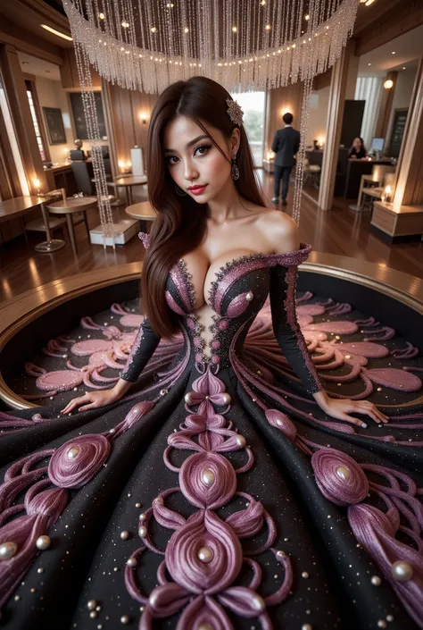 A cute asian idol girls white-skinned, blue-eyed, thin lips, shadow eye, eyelashes, Gigantic fake boobs, Breast Press, small waist, slim body, asian girls in a strapless dress sitting in space, galaxy motif on dress, UHD, luxurious mechanism dress, ornate ...