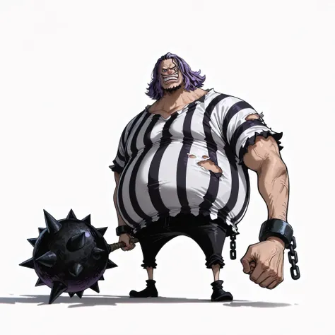 (male), (old man), (short legs), (large arm), (giant character), (giant body), (very fat body), (purple hair), (medium hair), (no bangs hair), (black eyes), (villain face), (solo), (single character), (full body version), (white background), (no background...