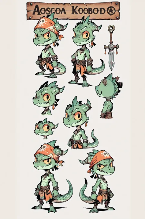 Three( male,green skin, green scales, (((Kobold)), (detailed kobold)) wearing a pirate tools, a tribal clothes, character design, toon style, chibi