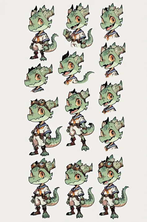 Three( male,green skin, green scales, (((Kobold)), (detailed kobold)) wearing a steampunk tools, a sailor clothes, character design, toon style, chibi